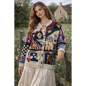 Vtg Cardigan Sweater M Folk‎ Art Boho Cottagecore Grandmacore Statement